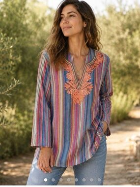 Soft Surroundings Multicolor Striped Tunic boho with Coral Embroidery size M